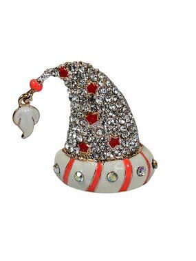 SANTA CLAUS Hat STAR Rhinestone Christmas Necklace Pendant Brooch Pink Stripe